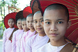 Buddhistische Nonnen mit roten Schirmen Mandalay Myanmar